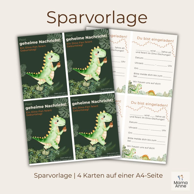 Peut inclure: Ensemble de cartes d'invitation sur le th&egrave;me des dinosaures. Les cartes pr&eacute;sentent un dinosaure vert tenant un cupcake, avec du texte en allemand. Les cartes d'invitation sont sur fond blanc avec du feuillage vert.
