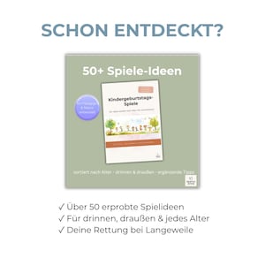 Peut inclure: Une couverture de livre intitul&eacute;e "Kindergeburtstags-Spiele" (Jeux d'anniversaire) est affich&eacute;e. Elle pr&eacute;sente des illustrations d'enfants jouant. Le texte comprend "50+ Spiel-Ideen" (Id&eacute;es de jeux) et "Von P&auml;dagogen & Mama entwickelt" (D&eacute;velopp&eacute; par des &eacute;ducateurs et des mamans).