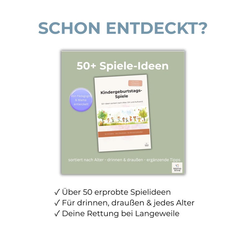 Peut inclure: Une couverture de livre intitul&eacute;e "Kindergeburtstags-Spiele" (Jeux d'anniversaire) est affich&eacute;e. Elle pr&eacute;sente des illustrations d'enfants jouant. Le texte comprend "50+ Spiel-Ideen" (Id&eacute;es de jeux) et "Von P&auml;dagogen & Mama entwickelt" (D&eacute;velopp&eacute; par des &eacute;ducateurs et des mamans).
