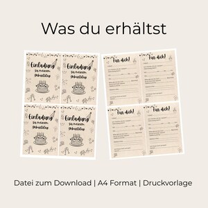 May include: A set of printable birthday party invitations and response cards. The invitations feature a cake illustration and the text "Einladung zu meinem Geburtstag." The response cards have fill-in-the-blank sections. The text "Was du erh&auml;ltst" and "Fur dich!" are also visible.