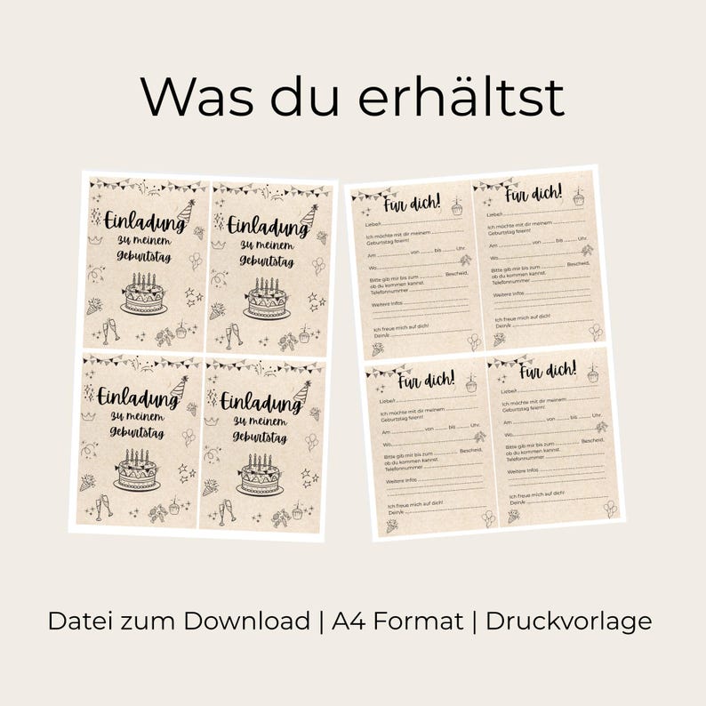 May include: A set of printable birthday party invitations and response cards. The invitations feature a cake illustration and the text "Einladung zu meinem Geburtstag." The response cards have fill-in-the-blank sections. The text "Was du erh&auml;ltst" and "Fur dich!" are also visible.