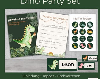 Dinosaurusfeestdecoratieset direct te downloaden – uitnodigingen, muffintoppers en naamkaartjes om te printen – PDF-sjabloon voor een kinderfeestje met dinosaurusthema