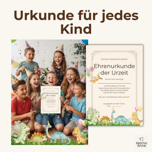 Peut inclure: Un groupe d'enfants c&eacute;l&eacute;brant, tenant un certificat avec le texte "Ehrenurkunde der Urzeit". Le certificat pr&eacute;sente des illustrations de dinosaures. L'image comprend &eacute;galement le texte "Urkunde f&uuml;r jedes Kind".