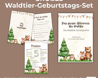 Digitale uitnodiging voor een kinderfeestje met bosdieren | Poster met speurtochtthema | Grote set PDF direct te downloaden
