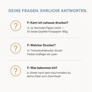 Peut inclure: Graphique avec le texte "DEINE FRAGEN. EHRLICHE ANTWORTEN." et trois ensembles de questions-r&eacute;ponses. Chaque question est marqu&eacute;e d'une ic&ocirc;ne de point d'interrogation. Les r&eacute;ponses traitent de l'impression &agrave; domicile, du type d'imprimante et de ce que l'acheteur re&ccedil;oit.