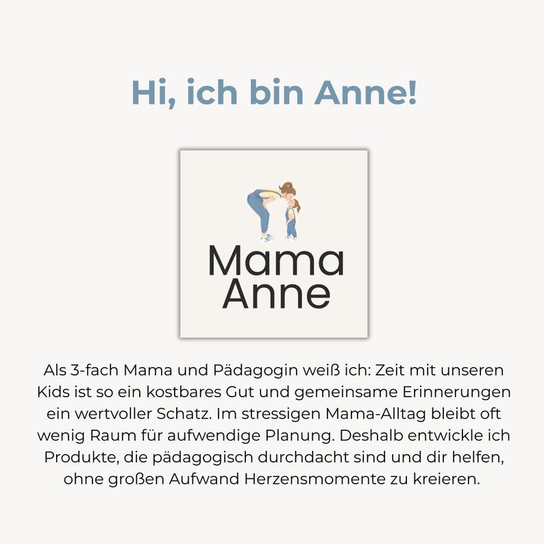 Peut inclure: Graphique carr&eacute; blanc avec le texte "Mama Anne" en noir, avec une petite illustration d'une m&egrave;re et d'un enfant. Au-dessus du graphique, le texte "Hi, ich bin Anne!" en bleu.