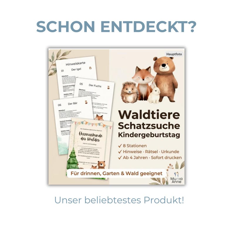 May include: A product image featuring a children's treasure hunt game with forest animal illustrations. The game includes clues, riddles, and a certificate, suitable for indoor and outdoor use. Text on the image reads "Waldtiere Schatzsuche Kindergeburtstag".