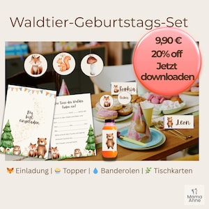 Op de afbeelding: Een feestset met een thema van bosdieren. Inclusief uitnodigingen, toppers, fleswikkels en naambordjes. De set bevat illustraties van een vos, eekhoorn, paddenstoel en beer. De uitnodiging luidt "Je bent uitgenodigd".