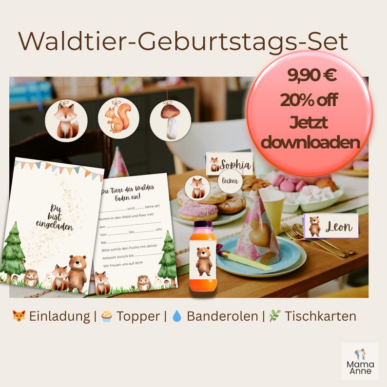 Op de afbeelding: Een feestset met een thema van bosdieren. Inclusief uitnodigingen, toppers, fleswikkels en naambordjes. De set bevat illustraties van een vos, eekhoorn, paddenstoel en beer. De uitnodiging luidt "Je bent uitgenodigd".