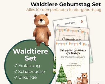 Búsqueda del tesoro para fiesta de cumpleaños infantil - Set de animales del bosque - Invitación digital + Búsqueda del tesoro imprimible - Descarga instantánea en PDF