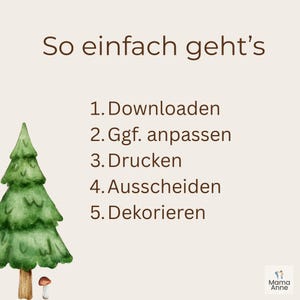Puede incluir: Gr&aacute;fico de estilo acuarela con el texto "So einfach geht's" y pasos numerados: Descargar, Ajustar, Imprimir, Recortar, Decorar. Un &aacute;rbol verde de acuarela y una peque&ntilde;a seta est&aacute;n en el lado izquierdo.