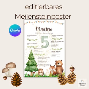 Puede incluir: Un p&oacute;ster de hitos con el nombre "Marino" y el texto "Mein 5. Geburtstag". El p&oacute;ster presenta un gran n&uacute;mero 5, un &aacute;rbol e ilustraciones de animales del bosque. El p&oacute;ster incluye el texto "Canva".