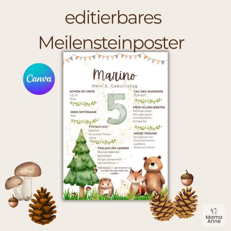 Puede incluir: Un p&oacute;ster de hitos con el nombre "Marino" y el texto "Mein 5. Geburtstag". El p&oacute;ster presenta un gran n&uacute;mero 5, un &aacute;rbol e ilustraciones de animales del bosque. El p&oacute;ster incluye el texto "Canva".