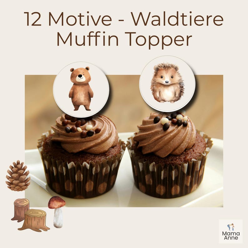 Op de afbeelding: Twee chocolade cupcakes met chocolade glazuur en sprinkles. De cupcakes zijn versierd met ronde toppers met een beer en een egel. De afbeelding bevat illustraties met bos thema.