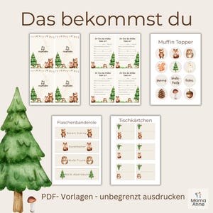 Op de afbeelding: Een verzameling afdrukbare feestversieringen met bosdieren thema. De ontwerpen omvatten uitnodigingen, spelkaarten, flesetiketten, muffintoppers en naambordjes. De tekst op de afbeelding luidt "Das bekommst du" en "PDF- Vorlagen - unbegrenzt ausdrucken".