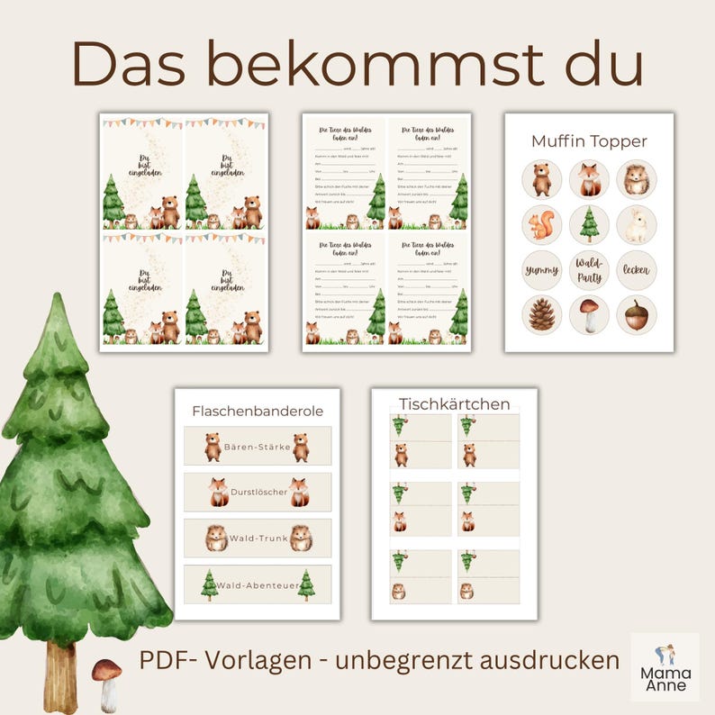 Op de afbeelding: Een verzameling afdrukbare feestversieringen met bosdieren thema. De ontwerpen omvatten uitnodigingen, spelkaarten, flesetiketten, muffintoppers en naambordjes. De tekst op de afbeelding luidt "Das bekommst du" en "PDF- Vorlagen - unbegrenzt ausdrucken".