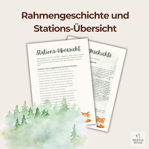 May include: Two printed sheets with text in German, titled "Rahmengeschichte und Stations-&Uuml;bersicht" and "Stations-&Uuml;bersicht geschichte". The sheets have a watercolor forest and fox illustrations. The text is in a handwritten style font.