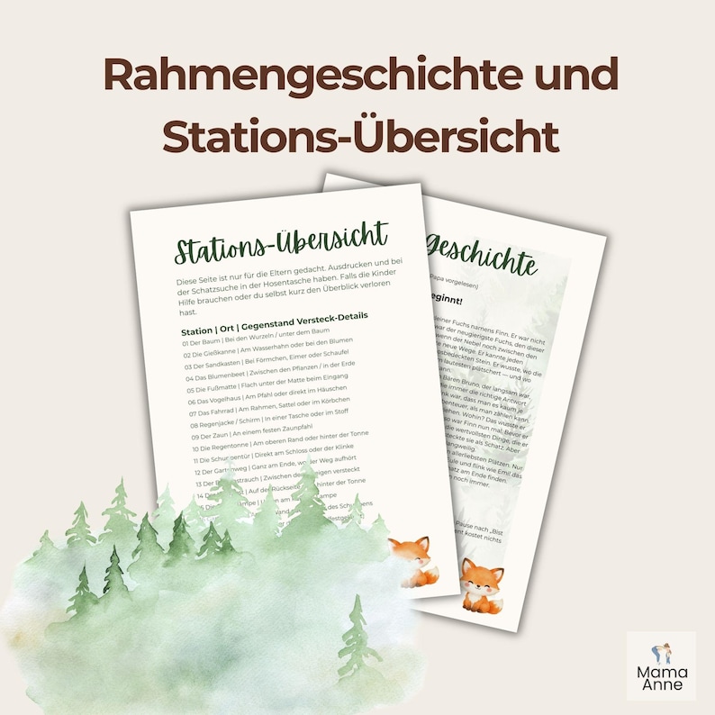 May include: Two printed sheets with text in German, titled "Rahmengeschichte und Stations-&Uuml;bersicht" and "Stations-&Uuml;bersicht geschichte". The sheets have a watercolor forest and fox illustrations. The text is in a handwritten style font.