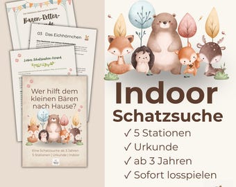 Schatzsuche Kindergeburtstag | Waldtiere | Ab 3 Jahren | 5 Stationen | Indoor | PDF Sofort-Download