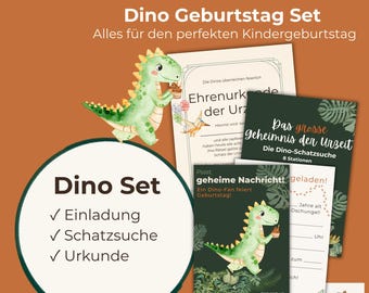Set de fiesta de cumpleaños infantil con búsqueda del tesoro de dinosaurios: invitación digital + búsqueda del tesoro imprimible - Descarga instantánea en PDF
