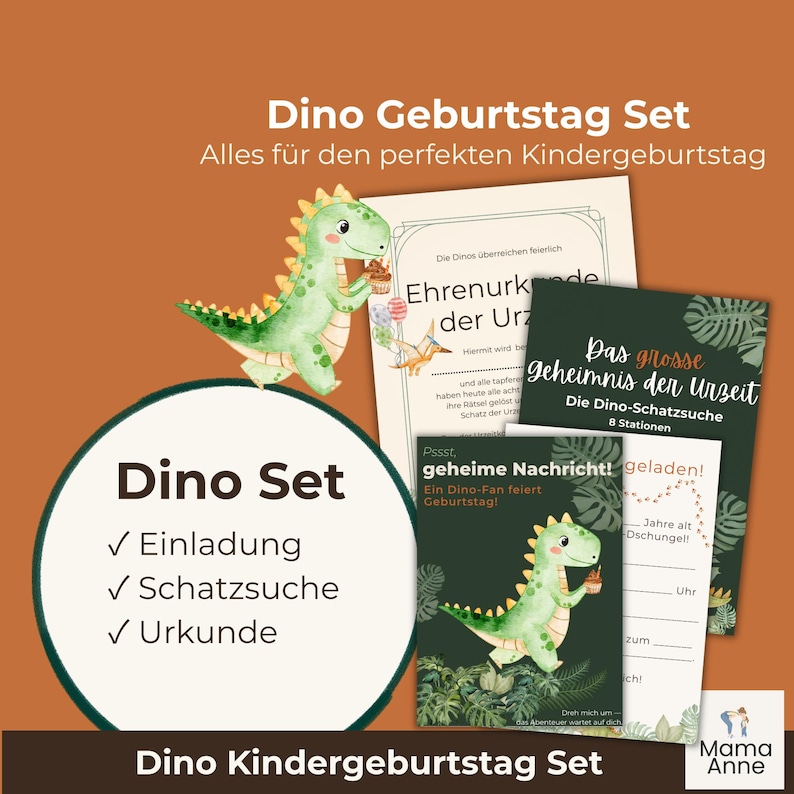 Schatzsuche Kindergeburtstag Dino Set – digitale Einladung, Schatzsuche und Urkunde als PDF zum Ausdrucken, 8 Stationen für Kinder ab 4 Jahren, Sofort Download