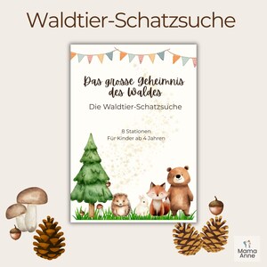 Puede incluir: Un libro de actividades para ni&ntilde;os titulado "Das grosse geheimnis des Waldes" con ilustraciones de animales del bosque, un &aacute;rbol de Navidad y pi&ntilde;as. El texto dice "8 Stations, F&uuml;r Kinder ab 4 Jahren".