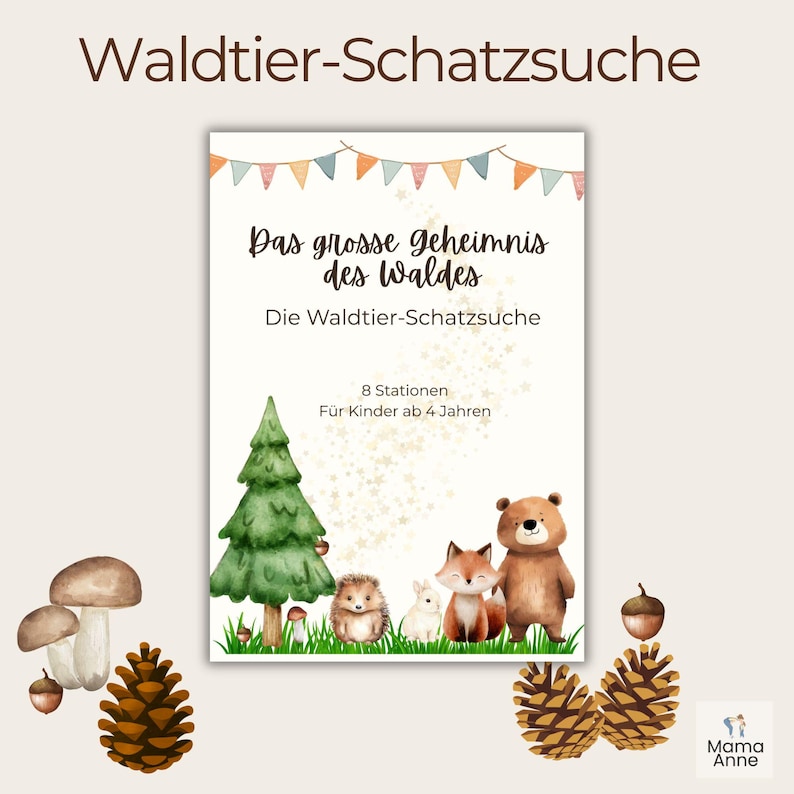 Puede incluir: Un libro de actividades para ni&ntilde;os titulado "Das grosse geheimnis des Waldes" con ilustraciones de animales del bosque, un &aacute;rbol de Navidad y pi&ntilde;as. El texto dice "8 Stations, F&uuml;r Kinder ab 4 Jahren".