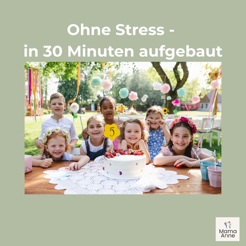 May include: A group of children smiling around a table with a cake. The cake is white with red berries on top. The text "Ohne Stress - in 30 Minuten aufgebaut" is at the top of the image.
