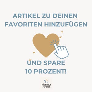 Puede incluir: Gr&aacute;fico promocional con texto azul y dorado sobre un fondo claro. El texto dice "Artikel zu deinen Favoriten hinzuf&uuml;gen" y "Und spare 10 Prozent!". Un coraz&oacute;n dorado est&aacute; siendo pulsado por una mano blanca.