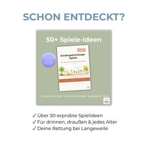 Puede incluir: Se muestra la portada de un libro titulado "Kindergeburtstags-Spiele" (Juegos de cumplea&ntilde;os). La portada presenta ilustraciones de ni&ntilde;os jugando. El texto incluye "50+ Spiel-Ideen" (Ideas de juegos) y "Von P&auml;dagogen & Mama entwickelt" (Desarrollado por educadores y mam&aacute;s).
