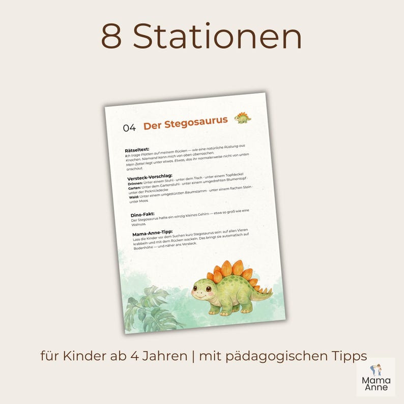 Peut inclure: Une feuille p&eacute;dagogique imprim&eacute;e avec le titre "8 Stations" et le texte "Der Stegosaurus". La feuille pr&eacute;sente une illustration de dessin anim&eacute; d'un dinosaure Stegosaurus vert et du texte en allemand. La feuille est con&ccedil;ue pour les enfants de 4 ans et plus.