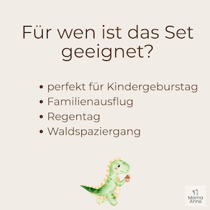 Peut inclure: Graphique beige clair avec du texte marron et un dinosaure de dessin anim&eacute;. Le texte se lit comme suit : "F&uuml;r wen ist das Set geeignet ?" suivi de puces : "perfekt f&uuml;r Kindergeburstag", "Familienausflug", "Regentag" et "Waldspaziergang".