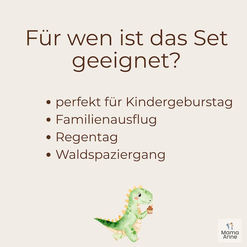 Peut inclure: Graphique beige clair avec du texte marron et un dinosaure de dessin anim&eacute;. Le texte se lit comme suit : "F&uuml;r wen ist das Set geeignet ?" suivi de puces : "perfekt f&uuml;r Kindergeburstag", "Familienausflug", "Regentag" et "Waldspaziergang".