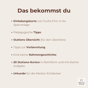 May include: A cream-colored graphic with the text "Das bekommst du" and bullet points listing items such as an invitation card, pedagogical tips, and 20 station cards. The Mama Anne logo is in the bottom right corner.