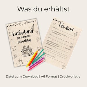 May include: Two beige birthday invitation cards with black line art illustrations of a cake, party hats, and confetti. The text "Was du erh&auml;ltst" and "Einladung zu meinem geburtstag" are visible. Colored pencils are arranged near the cards.