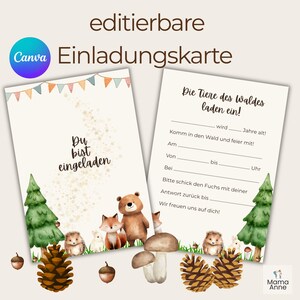 Puede incluir: Tarjeta de invitaci&oacute;n de dos p&aacute;ginas con ilustraciones de animales del bosque. La p&aacute;gina izquierda dice "Est&aacute;s invitado" y la p&aacute;gina derecha tiene campos para rellenar. La parte superior de la tarjeta tiene una pancarta de banderas de colores. El logotipo de Canva est&aacute; en la esquina superior izquierda.
