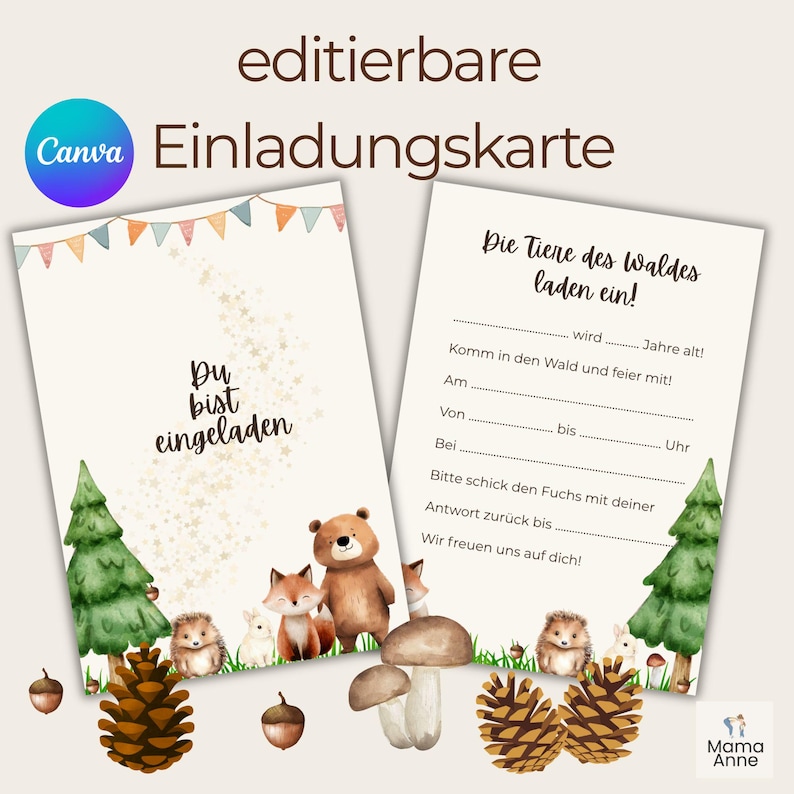 Puede incluir: Tarjeta de invitaci&oacute;n de dos p&aacute;ginas con ilustraciones de animales del bosque. La p&aacute;gina izquierda dice "Est&aacute;s invitado" y la p&aacute;gina derecha tiene campos para rellenar. La parte superior de la tarjeta tiene una pancarta de banderas de colores. El logotipo de Canva est&aacute; en la esquina superior izquierda.