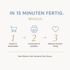 Puede incluir: Una imagen con el texto "IN 15 MINUTEN FERTIG" y "Wirklich." La imagen muestra un carrito de compras, una impresora y un coraz&oacute;n con los n&uacute;meros 1, 2 y 3. El texto debajo dice "Kaufen & downloaden", "Ausdrucken & ausf&uuml;llen" y "Abdruck dr&uuml;cken. Fertig".