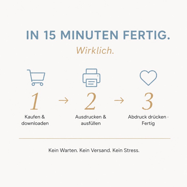 Puede incluir: Una imagen con el texto "IN 15 MINUTEN FERTIG" y "Wirklich." La imagen muestra un carrito de compras, una impresora y un coraz&oacute;n con los n&uacute;meros 1, 2 y 3. El texto debajo dice "Kaufen & downloaden", "Ausdrucken & ausf&uuml;llen" y "Abdruck dr&uuml;cken. Fertig".