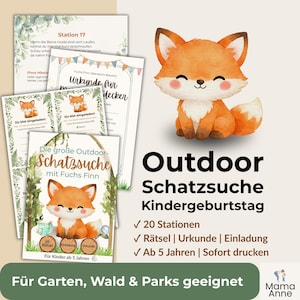 Set zum Ausdrucken für eine Outdoor-Schatzsuche zum Kindergeburtstag. Das Design zeigt eine Aquarell-Fuchs-Illustration und deutschen Text. Enthält Rätsel, Urkunden und Einladungen für 20 Stationen, geeignet ab 5 Jahren.