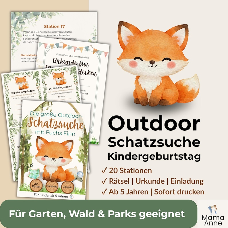 Set zum Ausdrucken für eine Outdoor-Schatzsuche zum Kindergeburtstag. Das Design zeigt eine Aquarell-Fuchs-Illustration und deutschen Text. Enthält Rätsel, Urkunden und Einladungen für 20 Stationen, geeignet ab 5 Jahren.