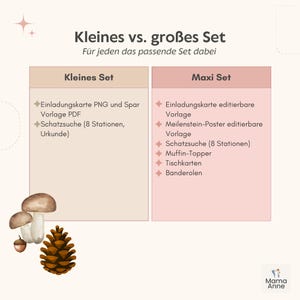 Puede incluir: Gr&aacute;fico en alem&aacute;n que compara un "Kleines Set" y un "Maxi Set". El "Kleines Set" incluye una tarjeta de invitaci&oacute;n y materiales de b&uacute;squeda del tesoro. El "Maxi Set" incluye tarjetas de invitaci&oacute;n editables, carteles de hitos y m&aacute;s. Ilustraciones de acuarela de setas y una pi&ntilde;a.