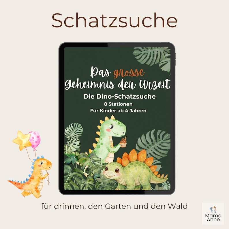 Peut inclure: Une tablette num&eacute;rique affiche un guide d'activit&eacute;s pour enfants intitul&eacute; "Das grosse Geheimnis der Urzeit" (Le grand secret des temps pr&eacute;historiques). La couverture pr&eacute;sente des dinosaures de dessins anim&eacute;s et du texte. Un dinosaure tient des ballons. Le texte indique "Pour les enfants de 4 ans et plus."