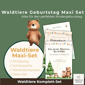 Waldtiere Geburtstag Maxi Set mit Einladung (personalisierbar über Canva), Schatzsuche mit Urkunde, einem personalisierbaren Meilenstein-Poster und einem mehrteiligen Deko-Set