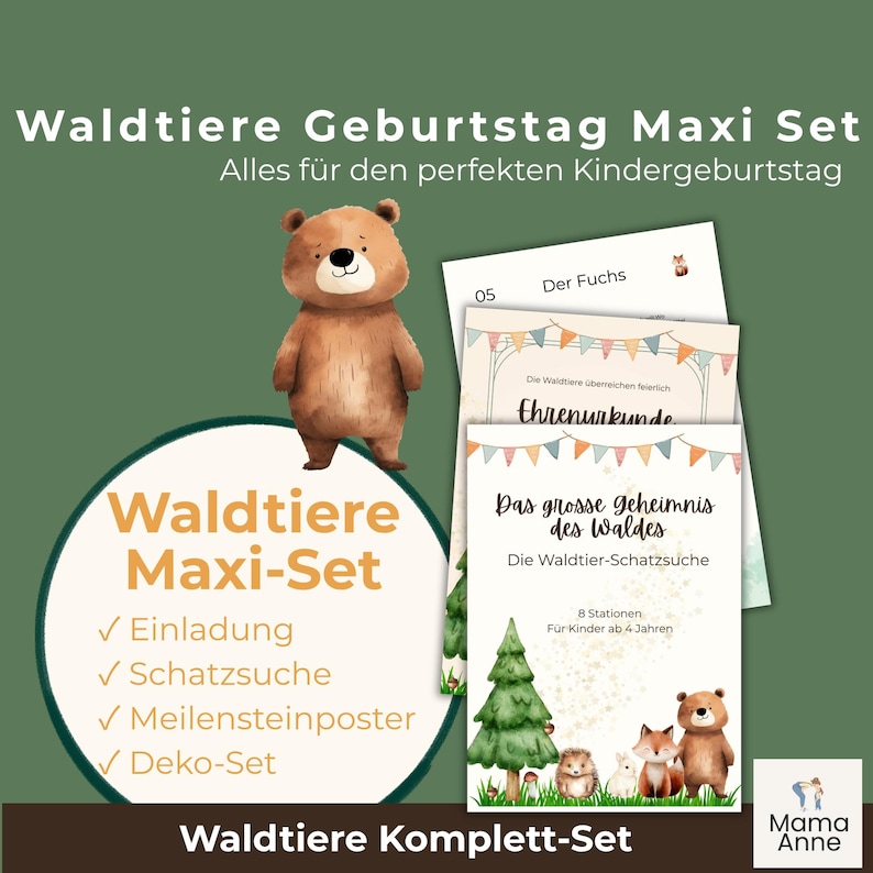 Waldtiere Geburtstag Maxi Set mit Einladung (personalisierbar über Canva), Schatzsuche mit Urkunde, einem personalisierbaren Meilenstein-Poster und einem mehrteiligen Deko-Set