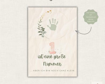 1st Birthday Invitation Handprint Boho Sage Gold, DIY Printable Template, Personalized Milestone Card, 1 Year Old Girl Boy