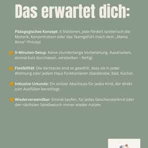 以下が含まれることがあります： 「Das erwartet dich:」のテキストと、子供向けのアクティビティを説明する箇条書きが記載された緑色のポスター。金色の星のグラフィックと「Mama Anne」のロゴが含まれています。テキストはドイツ語です。