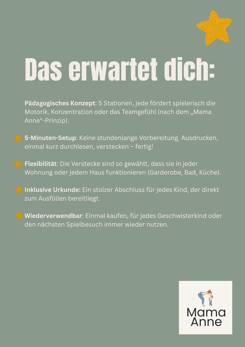 以下が含まれることがあります： 「Das erwartet dich:」のテキストと、子供向けのアクティビティを説明する箇条書きが記載された緑色のポスター。金色の星のグラフィックと「Mama Anne」のロゴが含まれています。テキストはドイツ語です。