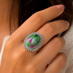 Natural Ruby Zoisite Gemstone 925 Sterling Silver Ring, Bohemian Style Jewelry (US 7.5)