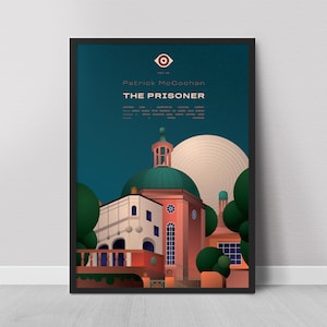 Könnte beinhalten: Gerahmtes Poster mit einer stilisierten Illustration eines Gebäudes mit grüner Kuppel und weißer Kugel. Der Text "THE PRISONER" und "Patrick McGoohan" ist in Weiß auf einem dunkelblauen Hintergrund zu sehen.